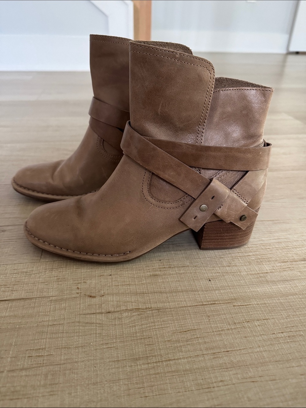 UGG Tan Leather Ankle Booties with Wrapped Strap